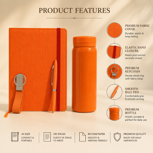 Premium Orange Diary, Pen, Keychain & Bottle – 4 in 1 Manifestation Kit | Spiritual Knot